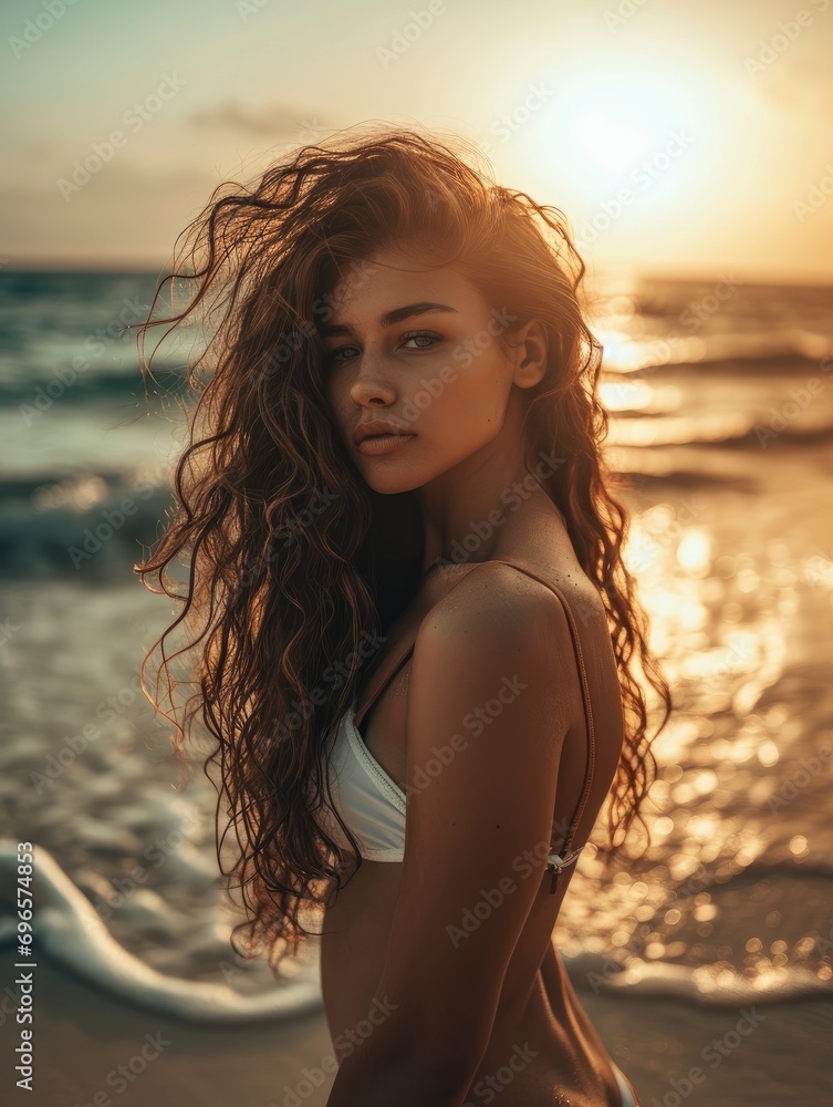 pretty passionate woman with curly long hair posing at the paradise beach in bikini