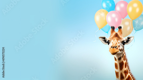 A happy little giraffe wearing a party cone hat with pastel balloons on a blue background