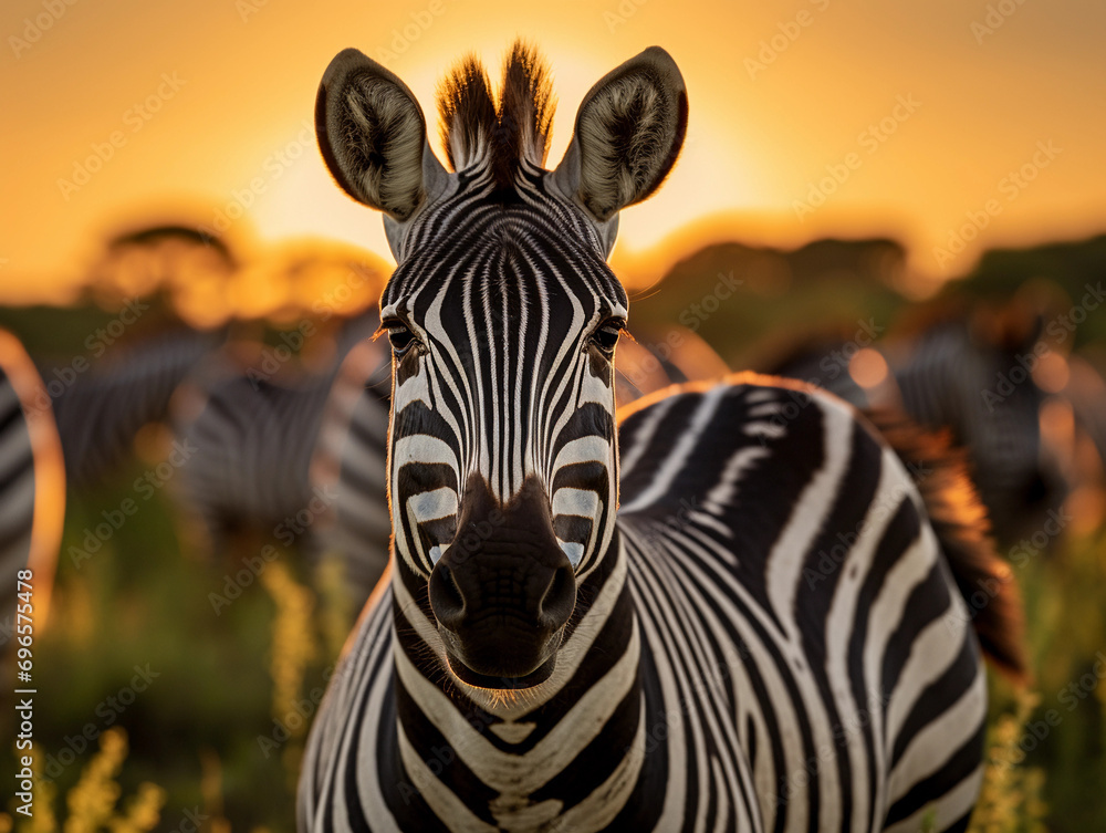 Naklejka premium zebra, eyes reflecting the setting sun, surrounded by the herd in the backdrop