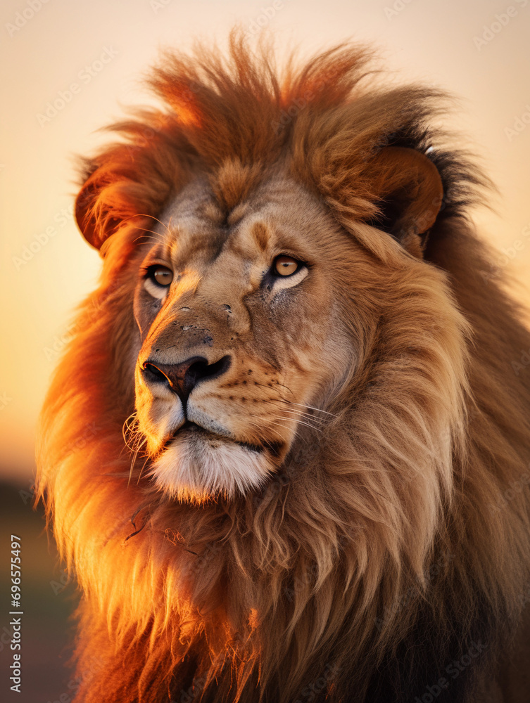 male lion, mane blowing gently in the wind, close-up shot, intense gaze towards the horizon, warm