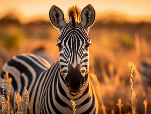 zebra  eyes reflecting the setting sun  surrounded by the herd in the backdrop
