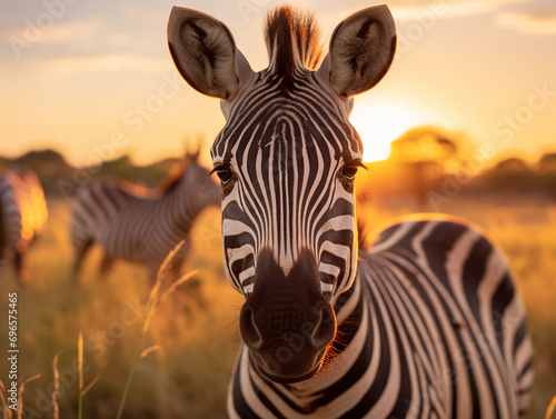 zebra, eyes reflecting the setting sun, surrounded by the herd in the backdrop © Gia