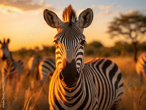zebra  eyes reflecting the setting sun  surrounded by the herd in the backdrop
