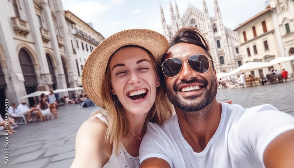 Happy couple taking selfie in front of cathedral in Italy, Two tourists having fun on romantic summer vacation in Italy ,Holidays and traveling lifestyle