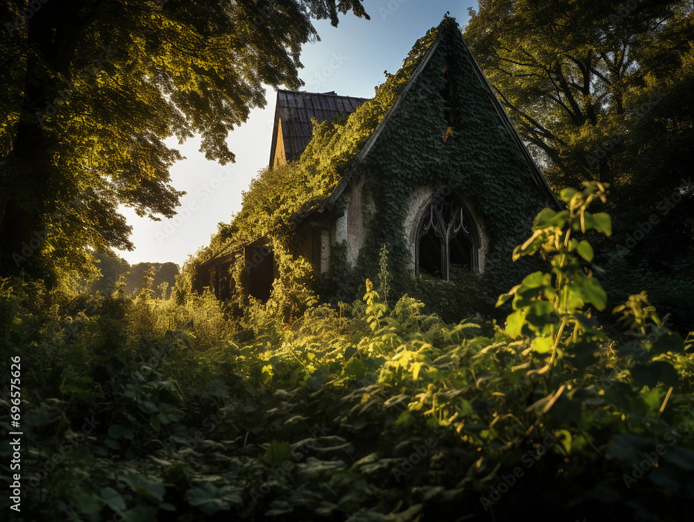 Abandoned countryside church, wooden, overgrown with ivy, late afternoon sun, moody, atmospheric