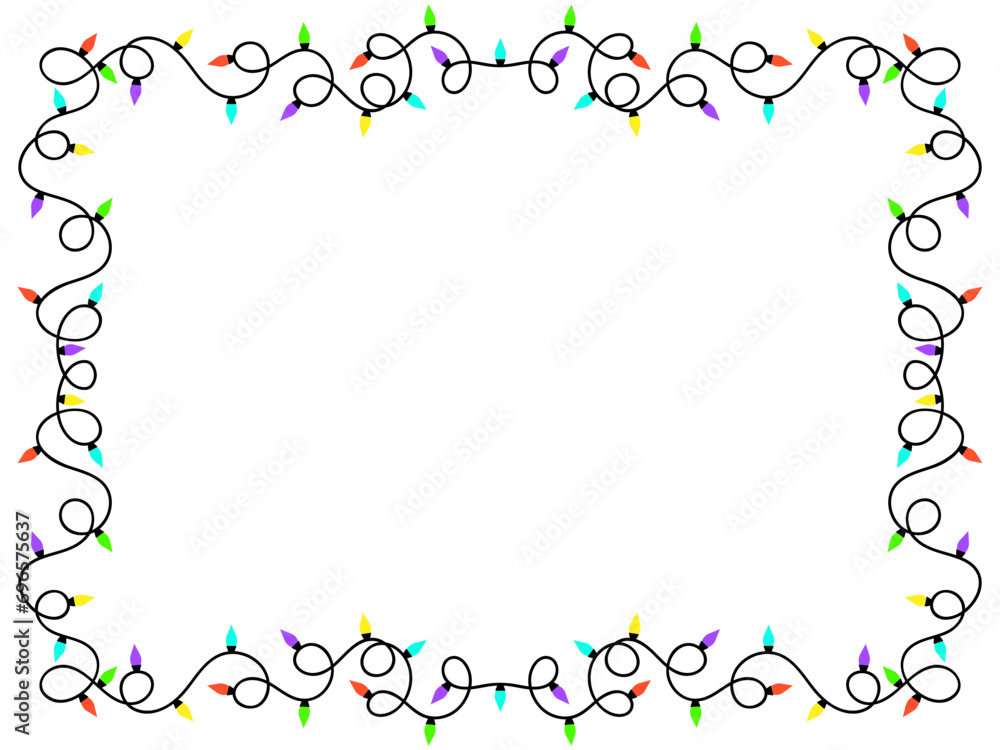 Christmas light frame. Festive frame with Christmas glowing garland on a white background. LED Christmas tree lights. Festive design for posters, banners and advertising products. Vector illustration