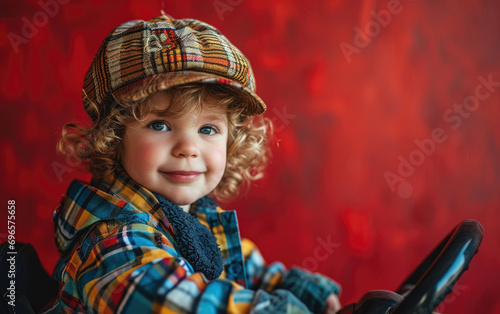 Toddler Driver - cute toddler dressed up as a driver on a red background Gen AI