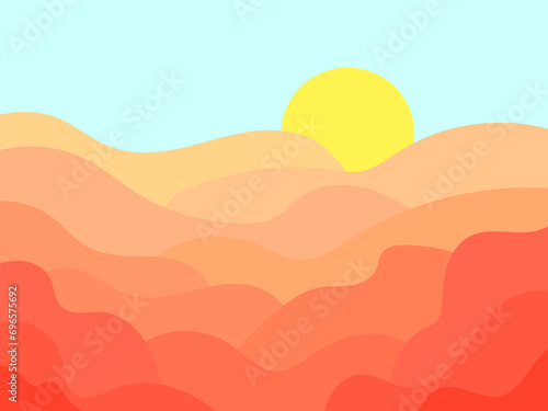 Desert landscape with dunes and sun in a minimalist style. Desert wavy landscape with sun. Design for printing banners, posters, book covers. Vector illustration