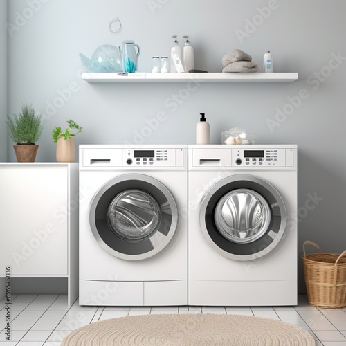 Design a hyper-realistic scene featuring modern washing machines positioned elegantly in an immaculate laundry service room. Perfectly organized shelves and spotless floors enhance the clean aesthetic