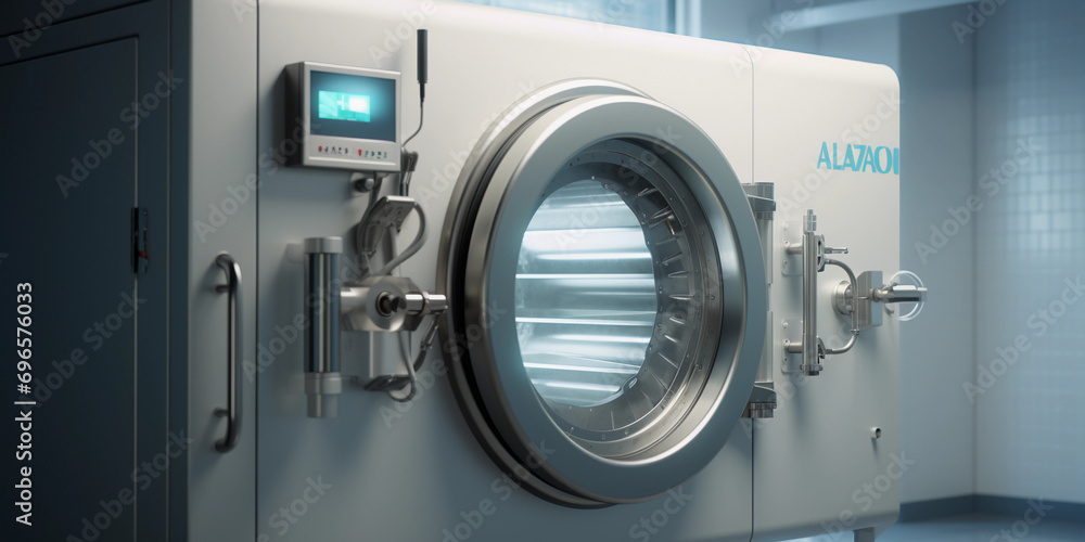 laboratory autoclave, door ajar, steam visible, stainless steel texture laboratory autoclave, door ajar, steam visible, stainless steel texture