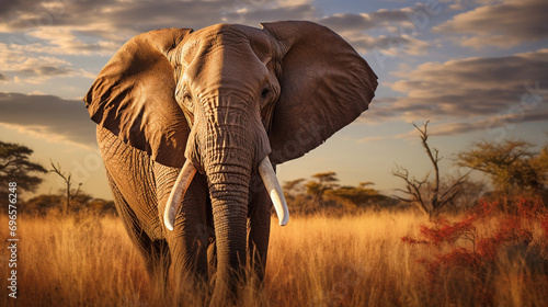 African elephant, 60 years old, large tusks, set in a grassy savanna, clouds in the sky, late afternoon sun casting golden light © Gia