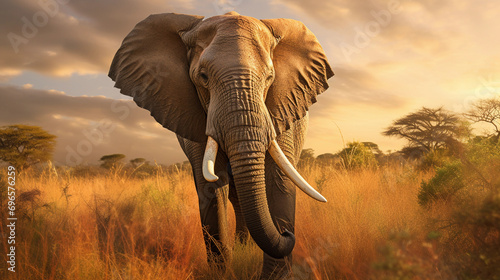 African elephant, 60 years old, large tusks, set in a grassy savanna, clouds in the sky, late afternoon sun casting golden light
