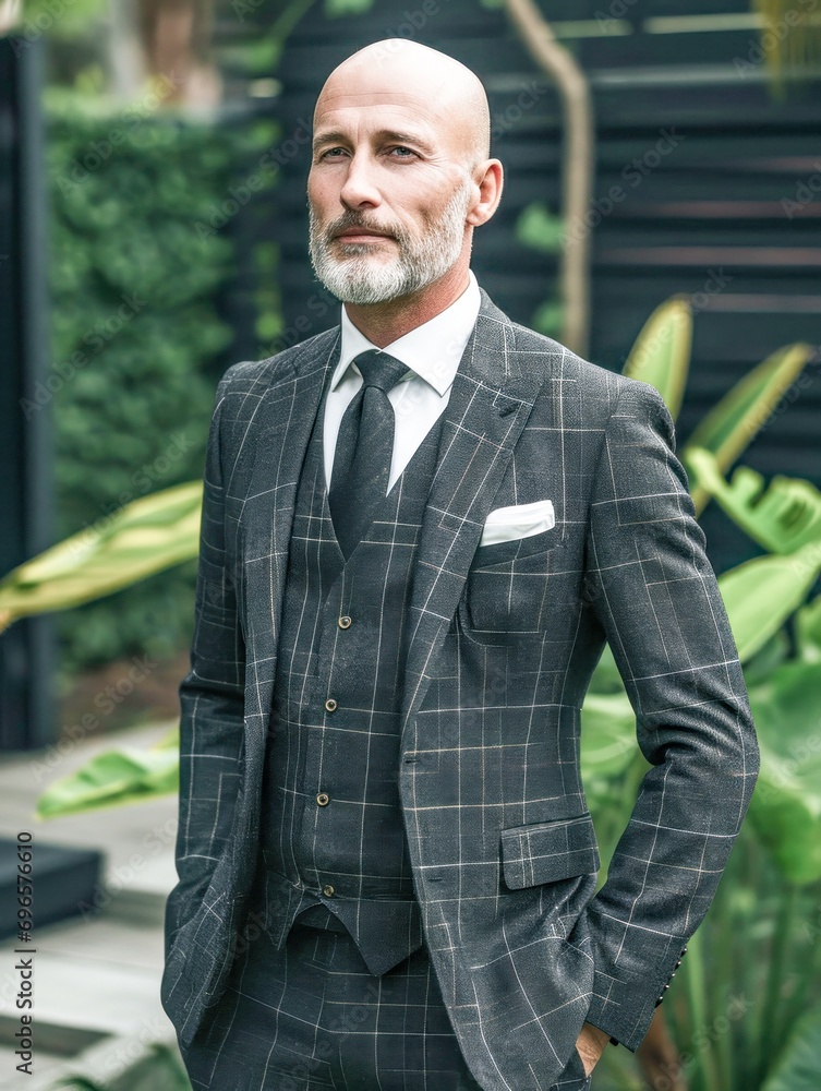 Portrait of a Man with Shaved Head in Middle Age most Elegant in Suit Magazine Cover Background Card Brainstorming Portrait of a Man with Shaved Head in Middle Age most Elegant in Suit Magazine Cover Background Card Brainstorming
