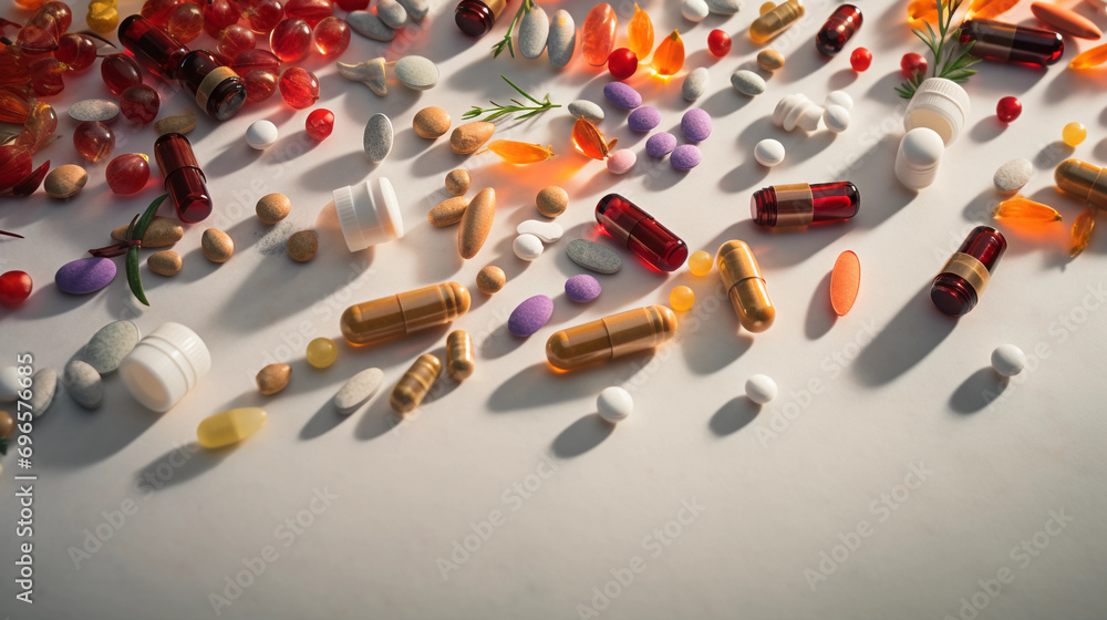 Obraz premium colorful array of herbal supplement capsules spilled from a bottle, white marble background