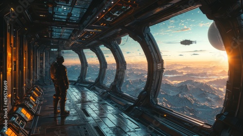 Astronaut standing in spacestation with big windows orbiting a planet. photo