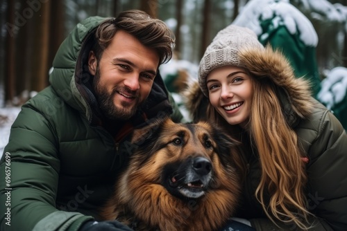 Young Caucasian couple in winter outwear and their dog posing in snowy forest. © Georgii