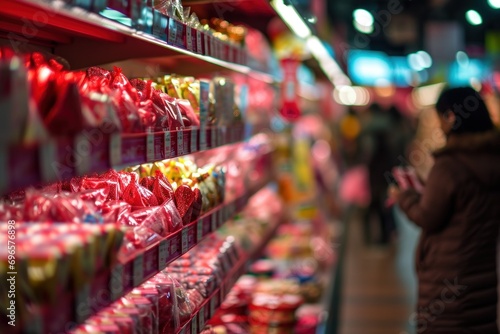 A grocery aisle filled with Valentine's Day gifts, predominantly red, with a shallow depth of field focusing on the nearest items photo