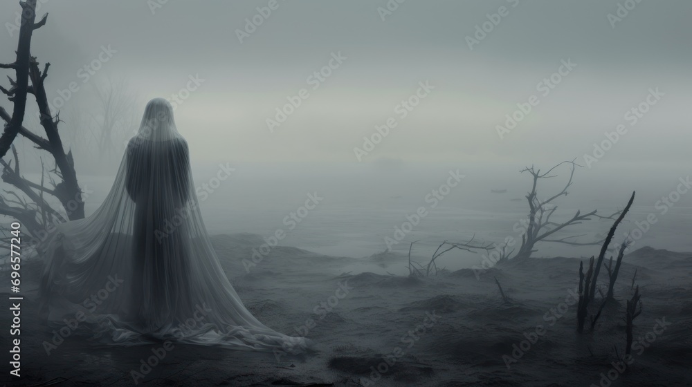  a woman in a long white dress standing in a foggy area with dead trees and a body of water in the background.