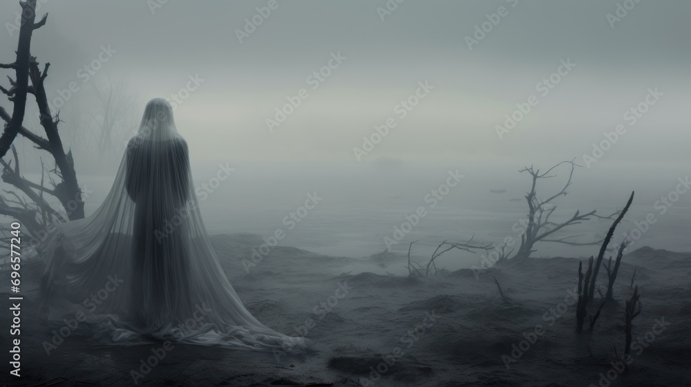 a woman in a long white dress standing in a foggy area with dead trees and a body of water in the background. a woman in a long white dress standing in a foggy area with dead trees and a body of water in the background.