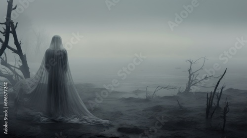  a woman in a long white dress standing in a foggy area with dead trees and a body of water in the background.