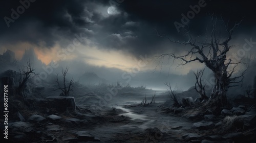  a painting of a dark, spooky landscape with a stream in the foreground and a full moon in the background.
