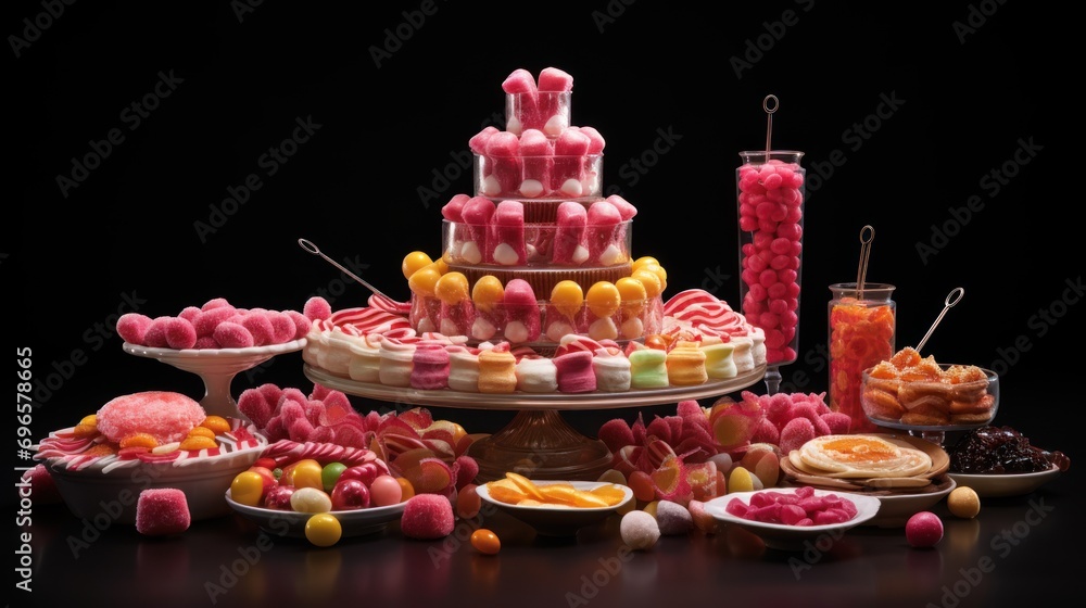  a table topped with a cake covered in lots of candies and lollipops next to other candies.