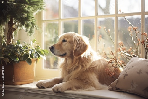 Cute golden retriever dog lying on a sofa near Christmas tree in cozy living room. Anticipation of the New Year holidays.