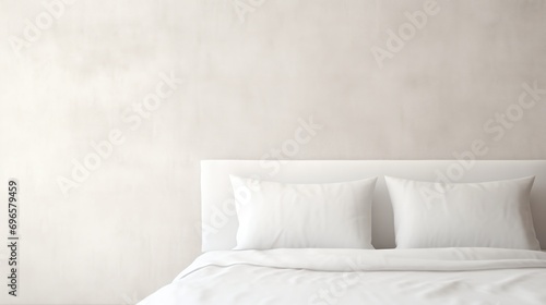  a bed with white sheets and pillows in a room with a beige wall and a white headboard and foot board. photo