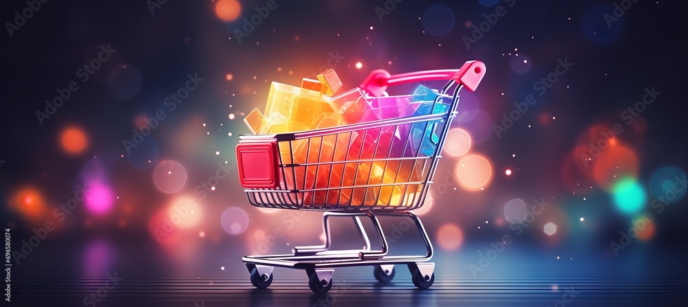 Vibrant e commerce bokeh design with colorful shopping cart icons and retail elements