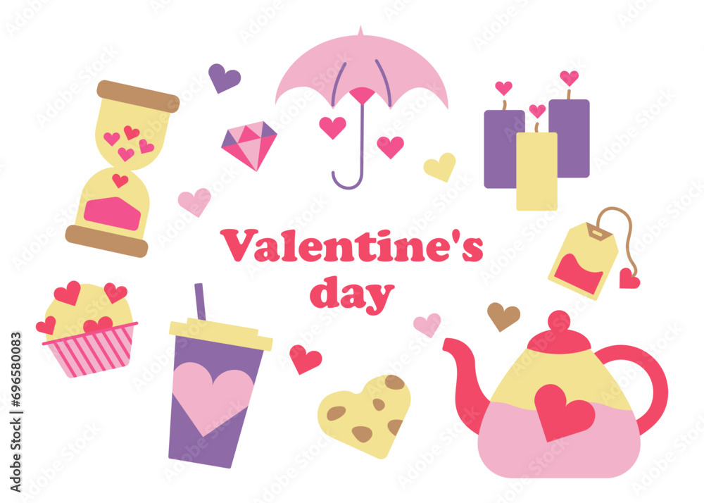 Set of Valentine Day Items. Heart shaped cookies and chocolate chip cupcake. Kettle, tea bag. Warm tea made with love. Candles. Hourglass. Umbrella. Cup of coffee. Love time. Vector illustration