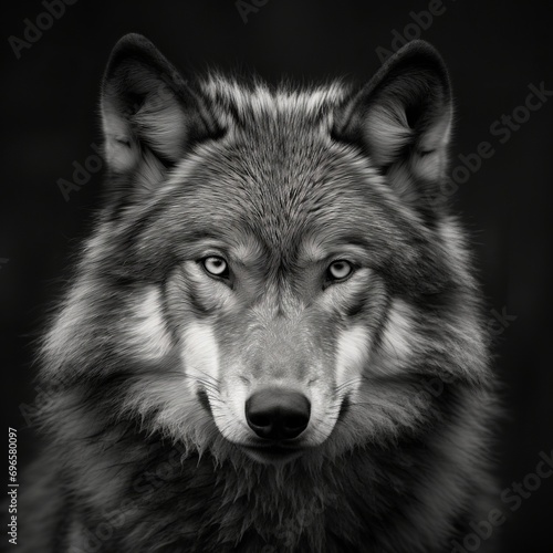 A wolf face in black and white 