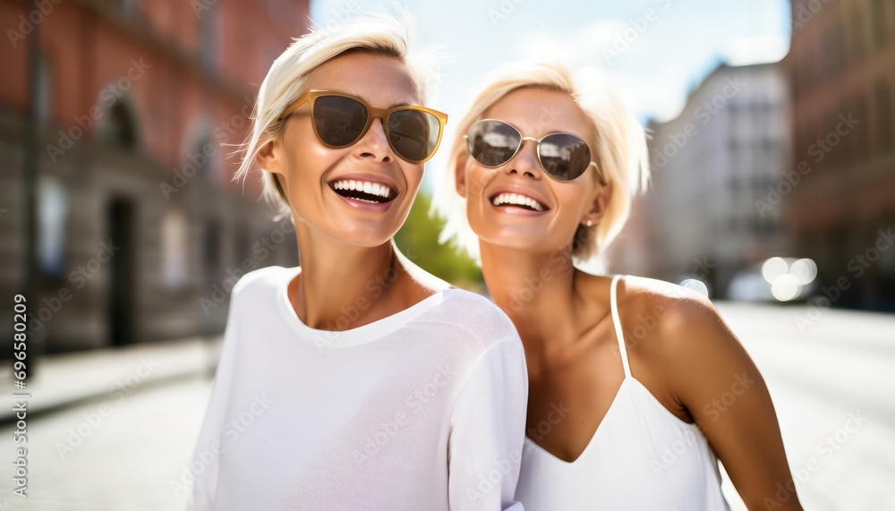 Multiracial young women having fun walking on city street , Happy girlfriends hanging outside on a sunny day , Different females laughing together outside , Life style and friendship