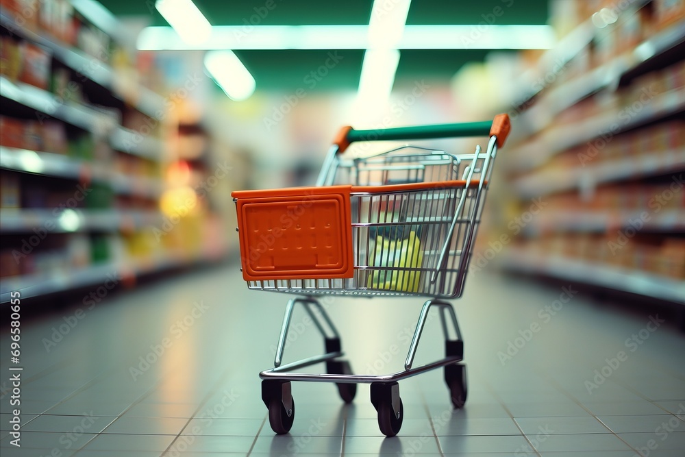 Blurred bokeh effect  close up of grocery filled shopping cart with supermarket aisle background