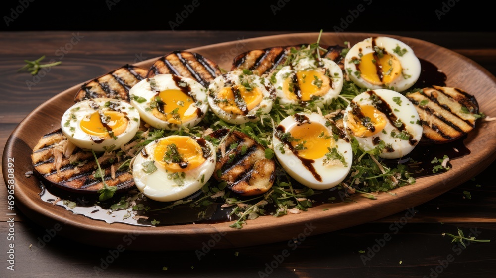  a plate of grilled eggs and greens on a wooden platter on a wooden table with a black background.