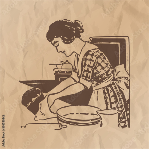 Vintage Cook Illustration Clip Art Design Shape. Retro woman Silhouette Icon Vector.
