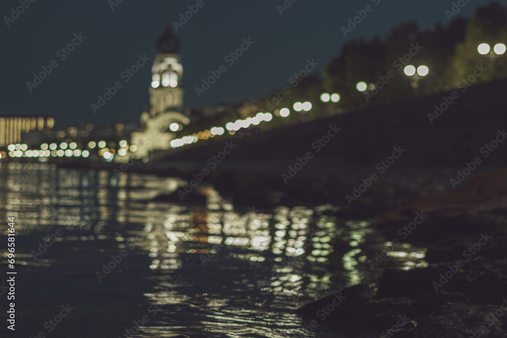 Night embankment, bokeh, blur, Novorossiysk, Russia,