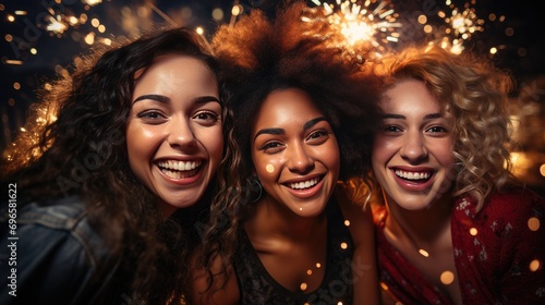 young women group portriat on new year's eve party with champagne and fireworks