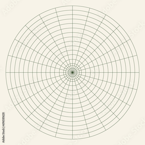 Polar coordinate circular grid isolated on white background. 360 degrees scale. Blank polar graph paper. Vector illustration. Mathematical graph. Lined blank on transparent background photo