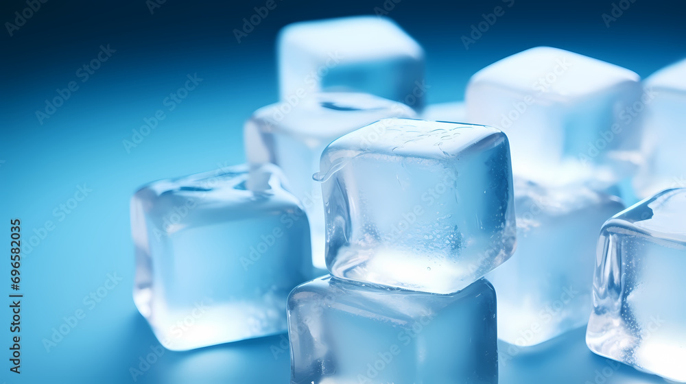 Frozen ice cubes on blue background with copy space Frozen ice cubes on blue background with copy space