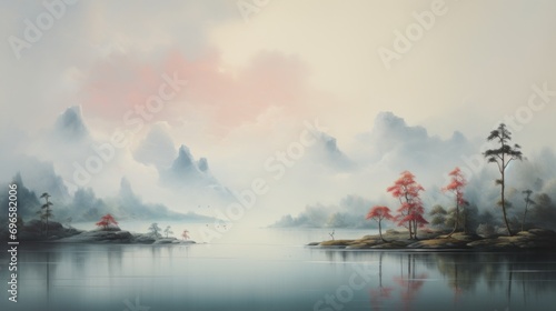  a painting of a body of water with trees in the foreground and a sky with clouds in the background. © Anna