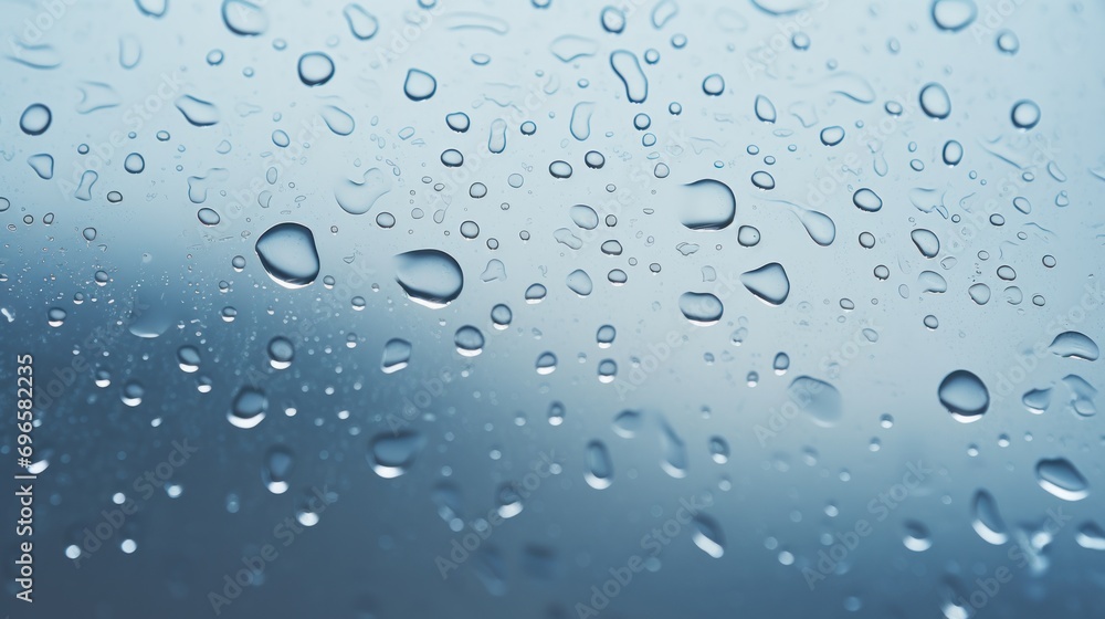  drops of water on a window with a blue sky in the background of the image and a blue sky in the background of the window.