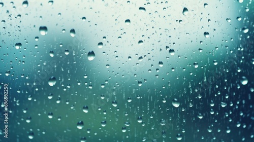  a close up of a rain covered window with drops of water on the glass and a blurry sky in the background.