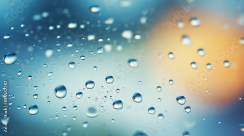  a close up of a window with rain drops on the glass and a blurry image of a building in the background.