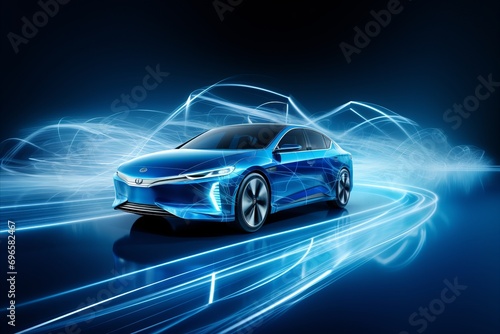 Blurred bokeh effect with autonomous vehicles and electric car charging stations for auto design