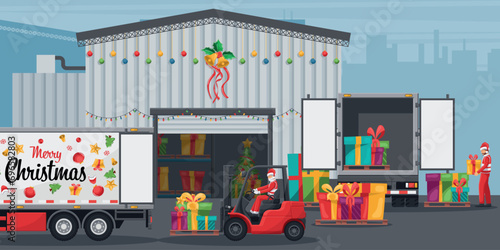 Exterior of a warehouse decorated with christmas  lights.  Santa Claus driving a forklift loading gifts boxes to a container truck. Christmas campaign for cargo logistics and shipping of merchandise