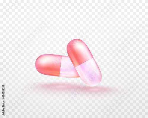 Pill, vitamin E, D or omega 3 fish oil capsules on transparent background. 3d antibiotic gel medicine template. Vector realistic serum oval spheres of collagen solution