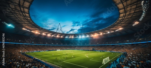Blurred bokeh effect  vibrant sports stadium with cheering fans and illuminated lights © Ilja