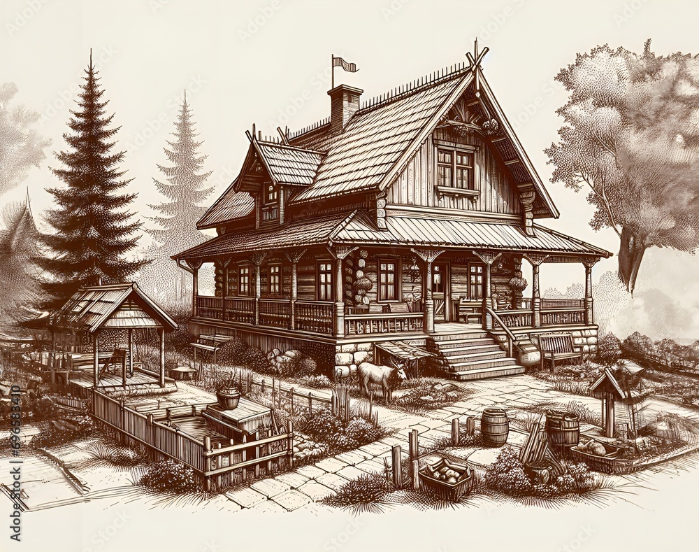 Sketch of a chalet in the forest.