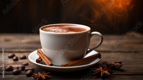  a cup of hot chocolate sits on a saucer surrounded by cinnamon sticks and star anisettes on a wooden table.