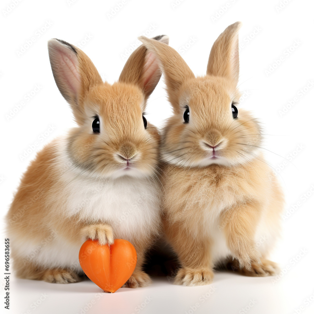 Two fluffy rabbits with a heart-shaped carrot